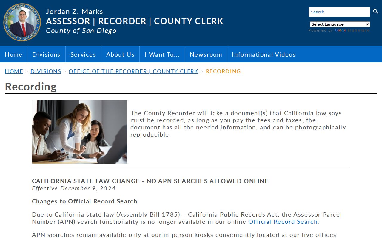 San Marcos previous residents recorder recording and copy guidance